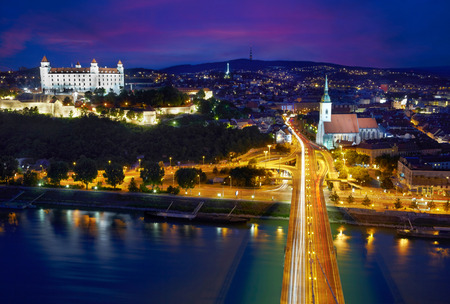 Aerial view of Bratislava after sunset, Slovakiaのeditorial素材