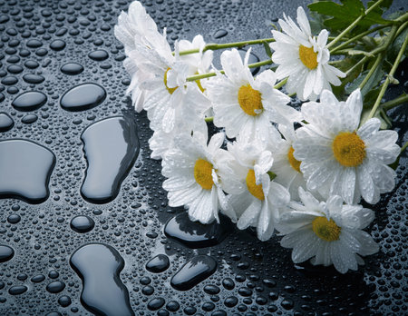 White daisies on black background with waterdropsの写真素材