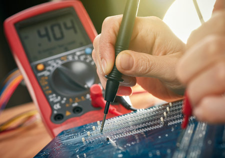 Technician repair motherboard. Technological background