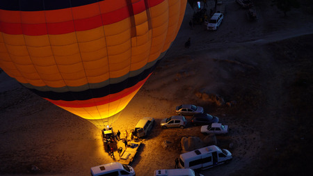 Colorful hot air balloons preparing for flying over Red valley at Cappadociaの写真素材