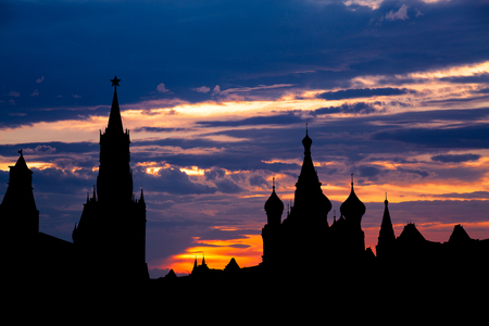 Gorgeous sunset on Moscow historical center Red Square and Kremlin tower silhouetteの写真素材