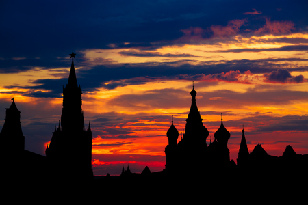 Gorgeous sunset on Moscow historical center Red Square and Kremlin tower silhouetteの写真素材