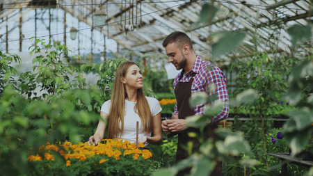 Young cheerful man florist talking to customer and giving advice while working in garden centerの写真素材