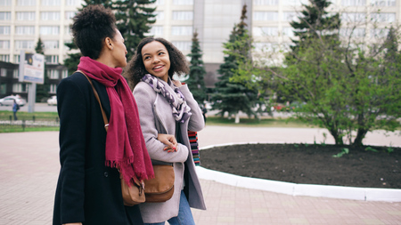 Two attractive mixed race women with shopping bags talking and walking down the street. Girlfriends have fun after visiting mall saleの写真素材