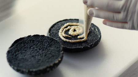 Closeup of chef cook grilled black burger with sauce on kitchen boardの写真素材