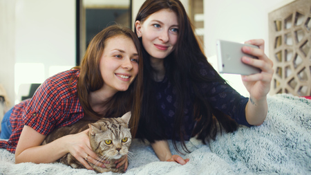 Two happy women friends lying in bed and making selfie with cat and have fun on bed at homeの写真素材