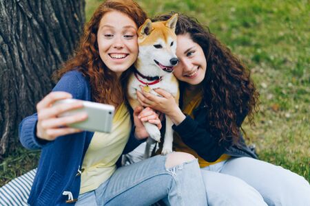 Curly-haired girls sisters taking selfie in park hugging beautiful shiba inu dog using smartphone camera posing and smiling. People, modern lifestyle and devices concept.の写真素材