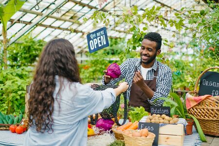 Female customer buying organic food vegetables cabbage in farm market while African American man salesperson putting products in bag. People and shopping concept.の写真素材