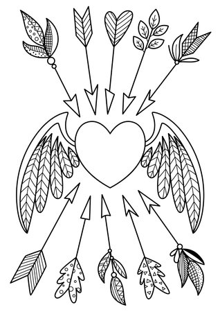 Valentine doodle coloring book page heart with arrows. Antistress for adult and children.のイラスト素材