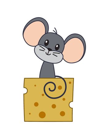Cute mouse on the piece of cheese isolated on white background. Stock vector illustrationのイラスト素材