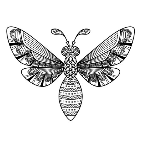 Vector bee antistress doodle coloring book page for adult. insect black and white illustration.のイラスト素材