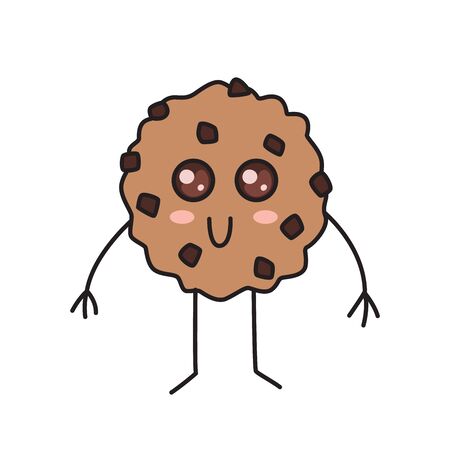 Chocolate chips cookie with eyes and mouth. Kawaii traditional cookie character. Stock vector illustrationのイラスト素材