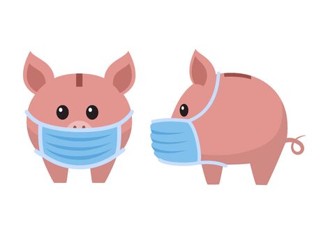 Piggy bank in a medical mask isolated on white background. Finance, investment and savings during coronavirus outbreakのイラスト素材
