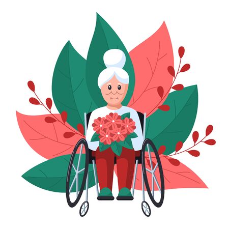Disabled grandmother in a wheelchair. Concept illustration of caring for people with disabilities. Isolated on white background. Stock vector illustrationのイラスト素材