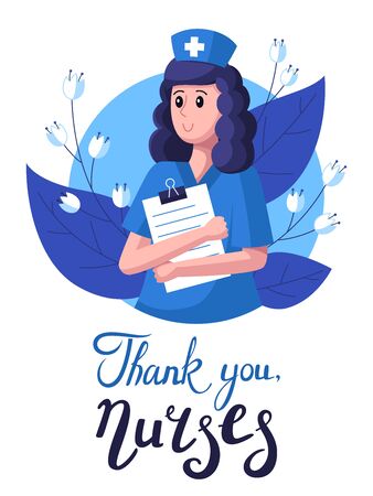 Nurse on the background of leaves and flowers. Thanks to the nurses. Greeting card for nursing day. Thank you letteringのイラスト素材