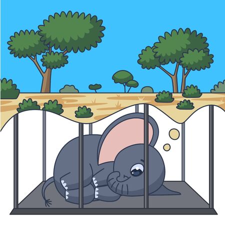 The baby elephant is dreaming of freedom in the cage. Concept illustration about animal cruelty at zoos and circuses. International Day of Action for Elephants in Zoos. Isolated on white backgroundのイラスト素材