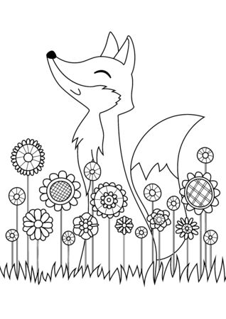 Doodle coloring book page cute fox in flowers. Antistress for adult.  black and white illustration. Stock vector illustrationのイラスト素材