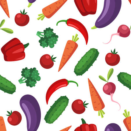 Vegetables seamless pattern. Eggplant, pepper, carrot, cucumber, tomato, radish, pepper and broccoli. White background.のイラスト素材
