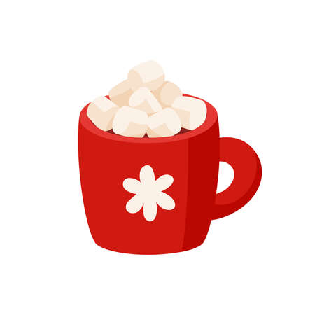 Cocoa with marshmallows in a red cup. Christmas hot chocolate cup. Cartoon new year drink. Isolated on white background. Cute vector illustrationのイラスト素材