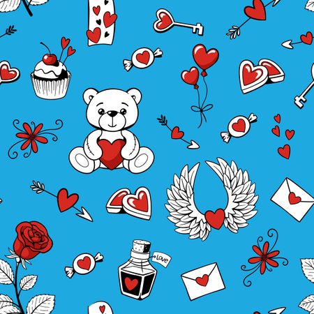 Love elements seamless vector pattern for valentines day. Doodle ink hand drawn style background with hearts, flowers, sweets, arrows.のイラスト素材
