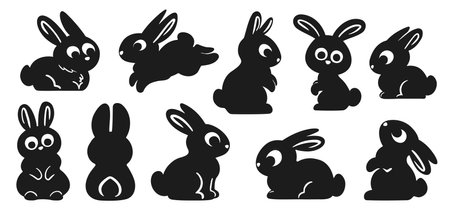 Black Easter bunny silhouettes. Rabbit, hare vector cartoon shape illustration. For Happy Easter ans other design. Isolated on white background. Stock vector rabbits, hares or bunniesのイラスト素材