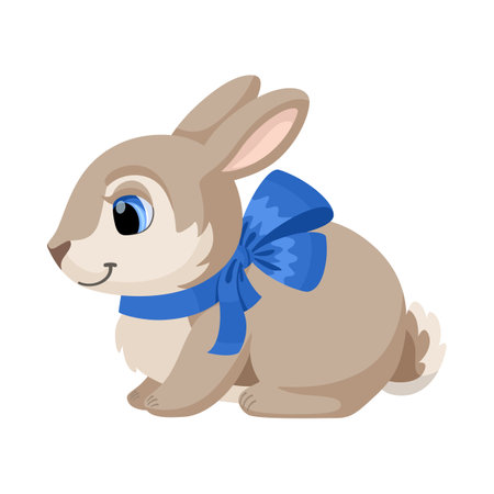 Cute Easter Bunny with a bow. Brown decorative rabbit sitting. Vector cartoon illustration of a rabbit for Easter and other design. Isolated on white backgroundのイラスト素材
