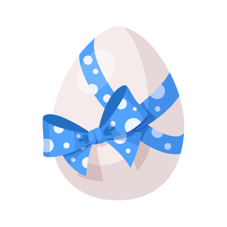 White Easter egg with blue polka dot bow. Beautiful cartoon vector egg for easter cards, banners, posters and other design, Vector illustration Isolated on white background. Stock vectorのイラスト素材