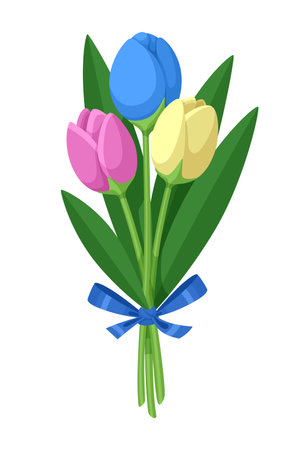 Vector bouquet of tulips. A small cute spring bouquet of three tulips - blue, yellow and pink. Holiday gift for a girl. Vector illustration isolated on white background.のイラスト素材