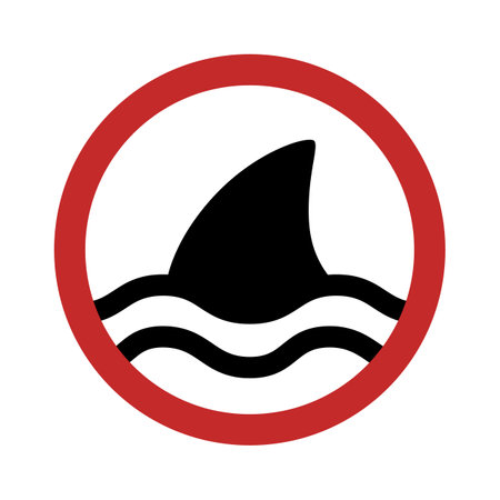 Shark warning sign. Shark attack warning simple vector icon. Shark fin on waves black and white color icon in red circle. Cartoon vector icon.のイラスト素材