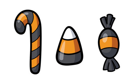 Set of cute cartoon halloween candies - candy cane, candy corn and more.のイラスト素材