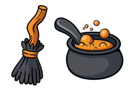 Set of cute cartoon halloween witch cauldron and broom.のイラスト素材