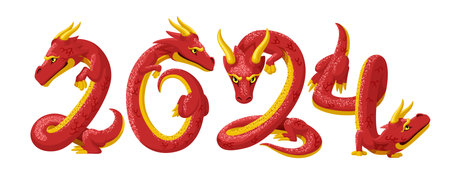 Chinese dragons in the form of numbers 2024. Concept illustration for posters and cards for 2024 of the Dragon. Vector illustration isolated on white background.のイラスト素材