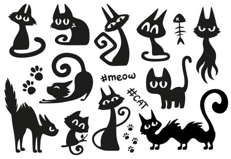 Collection of cartoon cat silhouettes for Halloween and other designs. Vector illustration isolated on white background.のイラスト素材