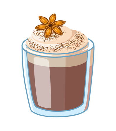 Cartoon christmas coffee with whipped cream, cinnamon and star anise. Christmas drink, hot chocolate or coffee, vector illustration isolated on white background.のイラスト素材