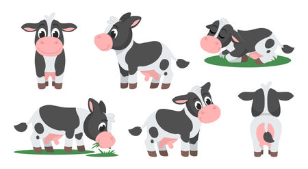 Set of cute cows in different poses and angles.のイラスト素材