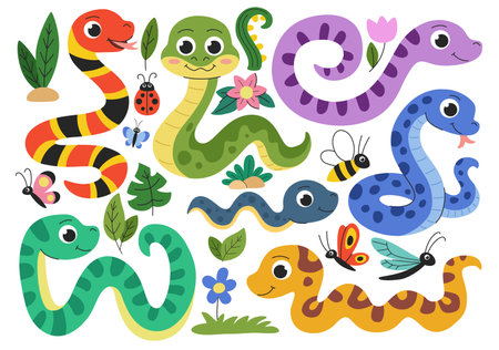Children cute snakes set. Snakes, insects and flowers collection.のイラスト素材