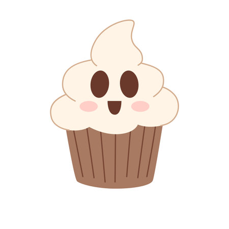 Cute Halloween muffin with ghost and whipped cream. Festive cupcake in cartoon style.のイラスト素材