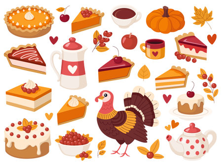Thanksgiving Day set. Turkey, whole pumpkin pie, pumpkin and berry pie pieces, autumn fruits and berries, coffee pot, teapot and cups with warm drinks. Cozy and warm food autumn collection.のイラスト素材