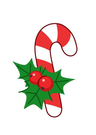 Cartoon candy cane decorated with holly leaves and berries. Isolated on white background.のイラスト素材