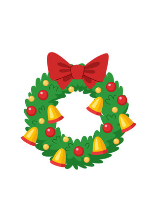 Christmas wreath made of fir branches, decorated with bells, red and gold balls. Element for Christmas and New Year design. Isolated on white background.のイラスト素材