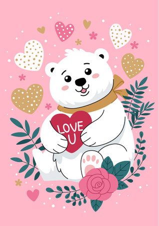 Valentines day greeting card. White bear holds a heart with the inscription I love you in his paws. Pink background with hearts and leaves. Cute romantic illustration.のイラスト素材
