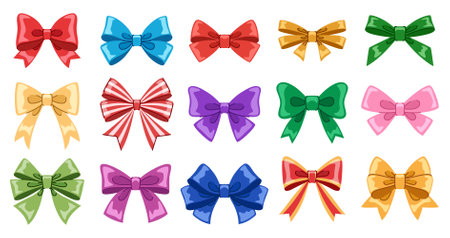 Festive bows set. Collection of bright multi-colored decorative bows for gifts, cards, festive design. White background.のイラスト素材