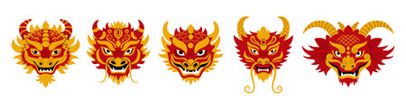 Dragon masks for chinese traditional festivals and dances. Lunar new year decorations. Isolated on white background.のイラスト素材