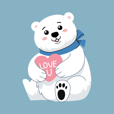 Cute polar bear with a bow hugging a heart with the inscription Love U. Character for a card for Valentine's Day, birthday and other holidays. Blue background.のイラスト素材