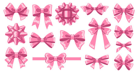 Romantic cartoon bows set. Girly pink tied bows for party decoration and packaging. Shiny beautiful decorations for Valentine s day and other holidays. Isolated on white background.のイラスト素材