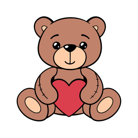 Groovy retro style cute teddy bear with a heart in his paws. Children's soft toy. White background.のイラスト素材