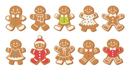 Gingerbread men set. Christmas cookies with decorations and patterns made of icing and confectionery sprinkles. A festive traditional treat, perfect for cards, packaging.のイラスト素材