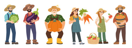 Cartoon happy farmers set. Flat people holding fresh vegetables and fruits, characters in harvest season clothes with pumpkins, carrots, apples, cabbage, eggplant, and baskets.のイラスト素材