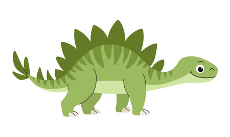 Childrens cartoon dinosaur stegosaurus. Cute little prehistoric animal. Green striped dinosaur with spikes on its back. Vector illustration on white background.のイラスト素材