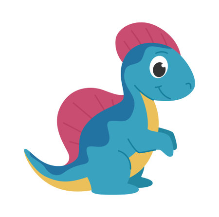 Childrens cartoon dinosaur corythosaurus. Cute blue dinosaur with a red crest on his head and back. Cute little prehistoric animal. Vector illustration on white background.のイラスト素材